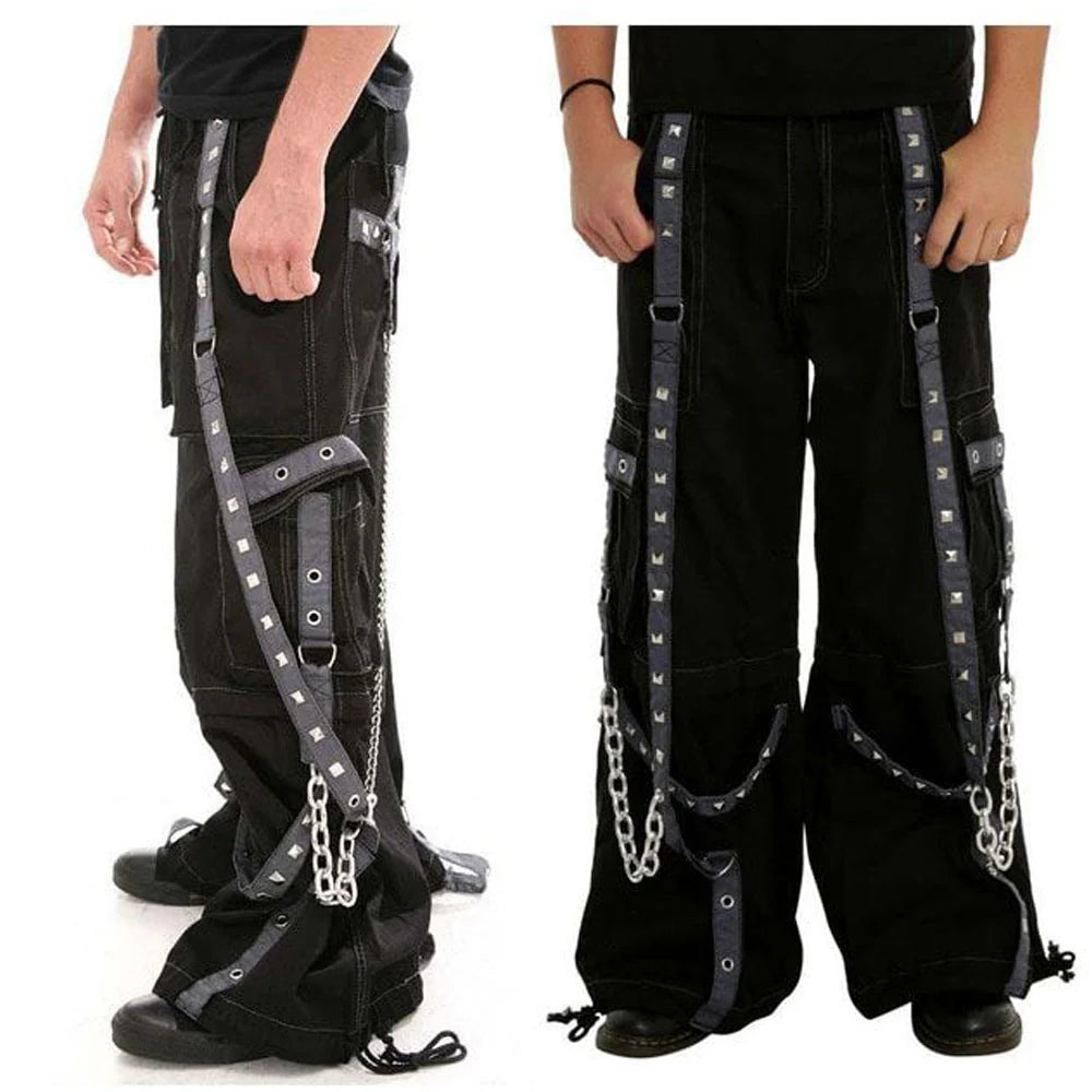 Men Gothic Baggy Bondage Pants | Cyberpunk Zip-Off Trouser with Pyramid Stud and Chain