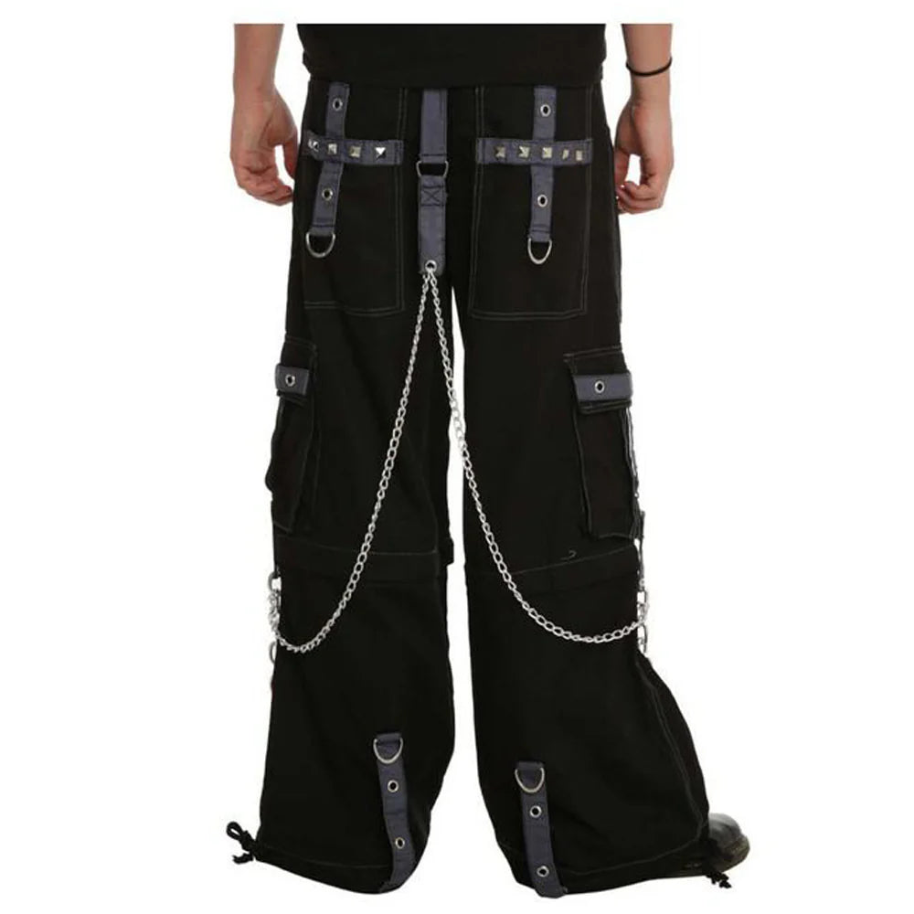 Men Gothic Baggy Bondage Pants | Cyberpunk Zip-Off Trouser with Pyramid Stud and Chain