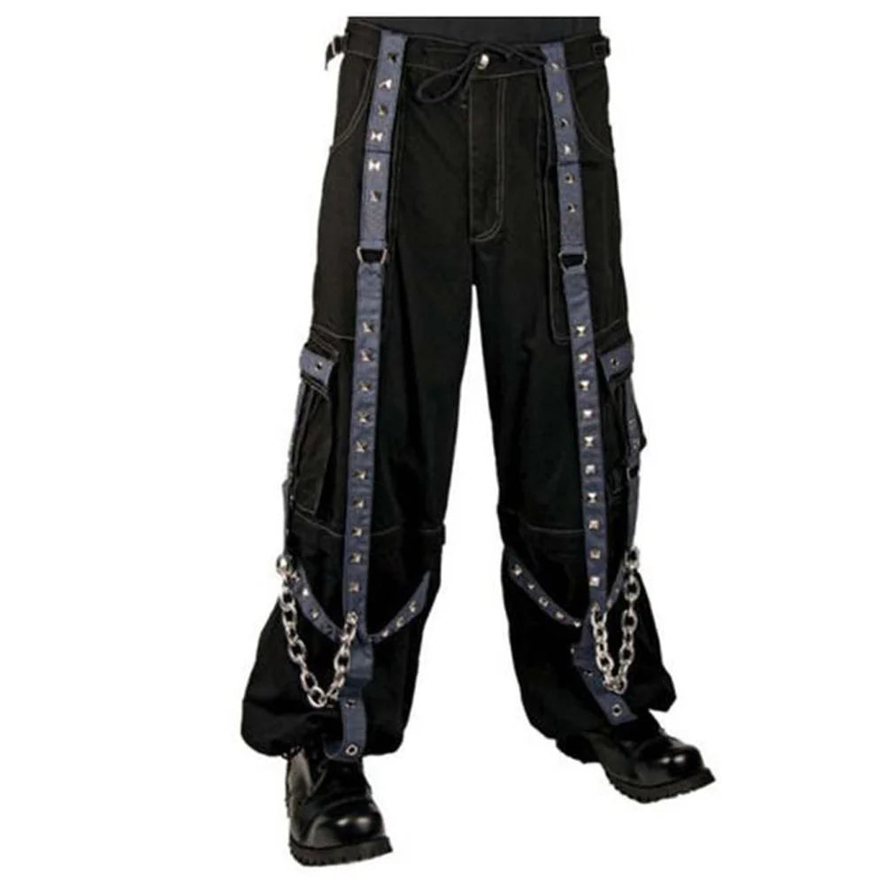Men Gothic Baggy Bondage Pants | Cyberpunk Zip-Off Trouser with Pyramid Stud and Chain