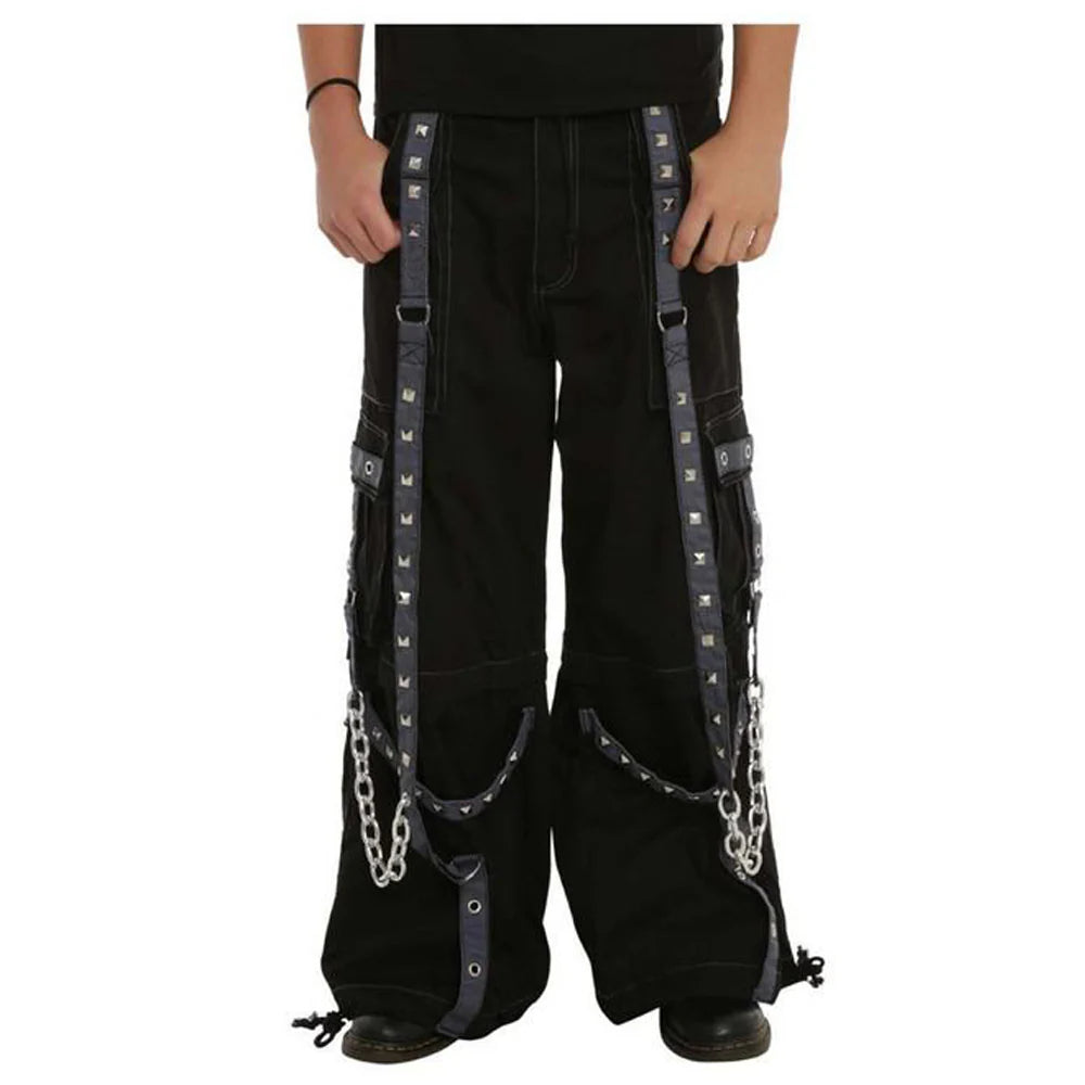 Men Gothic Baggy Bondage Pants | Cyberpunk Zip-Off Trouser with Pyramid Stud and Chain