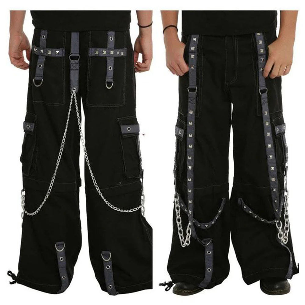 Men Gothic Baggy Bondage Pants | Cyberpunk Zip-Off Trouser with Pyramid Stud and Chain