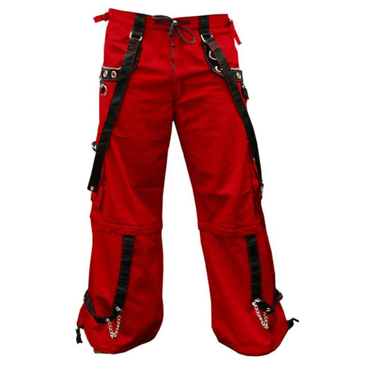 Men Gothic Red Threads Trousers | Cyber Punk Baggy Pants with Detachable Short