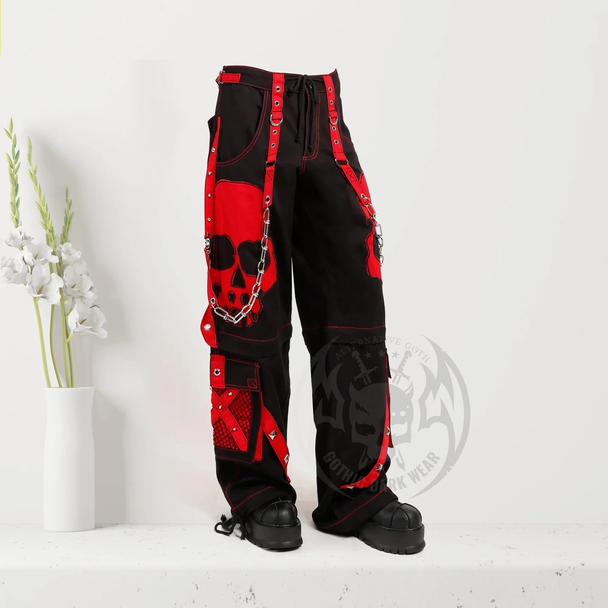 Men Gothic Red Skull Trousers | Dark Street Punk Pants with Skull Embroidery and Baggy Fit