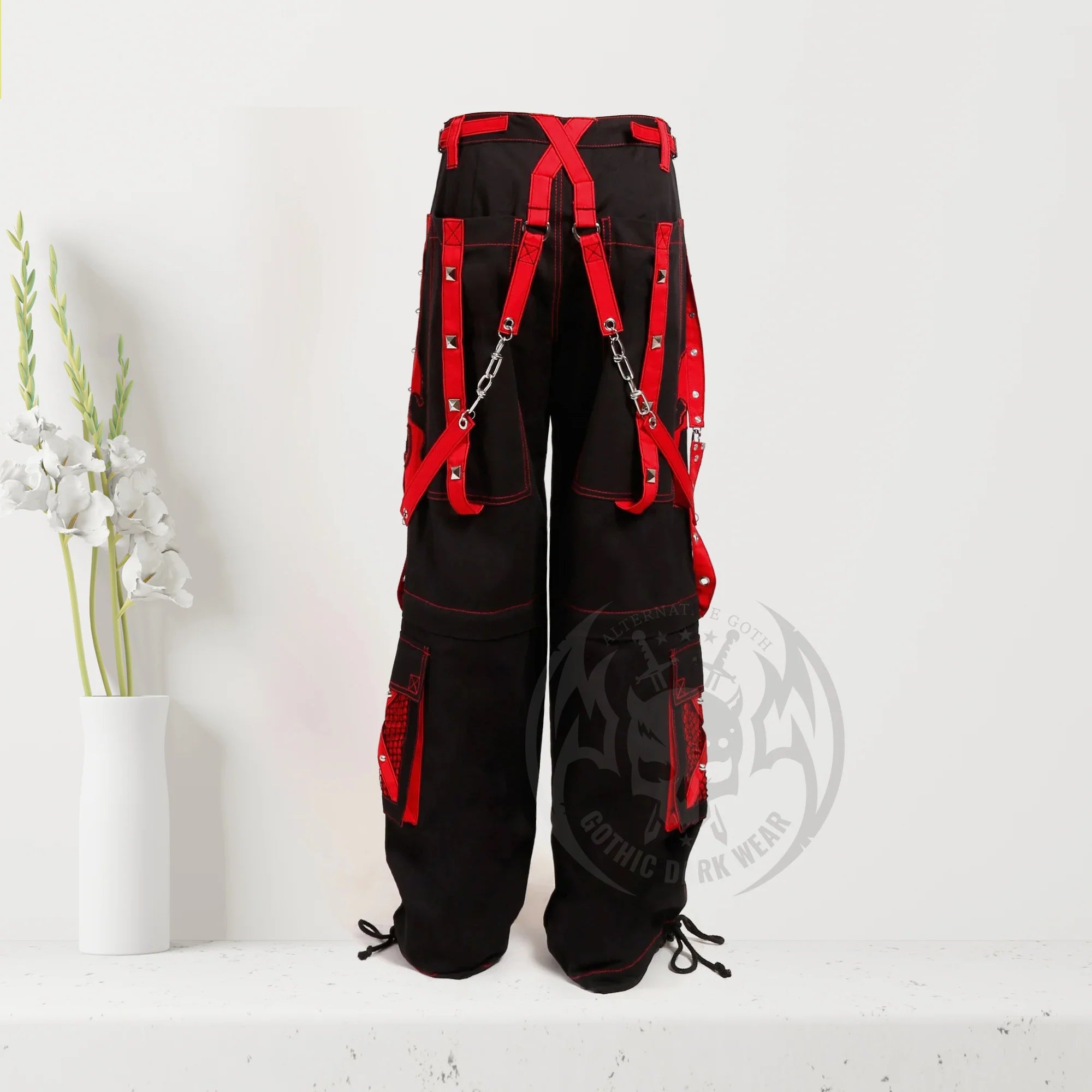 Men Gothic Red Skull Trousers | Dark Street Punk Pants with Skull Embroidery and Baggy Fit