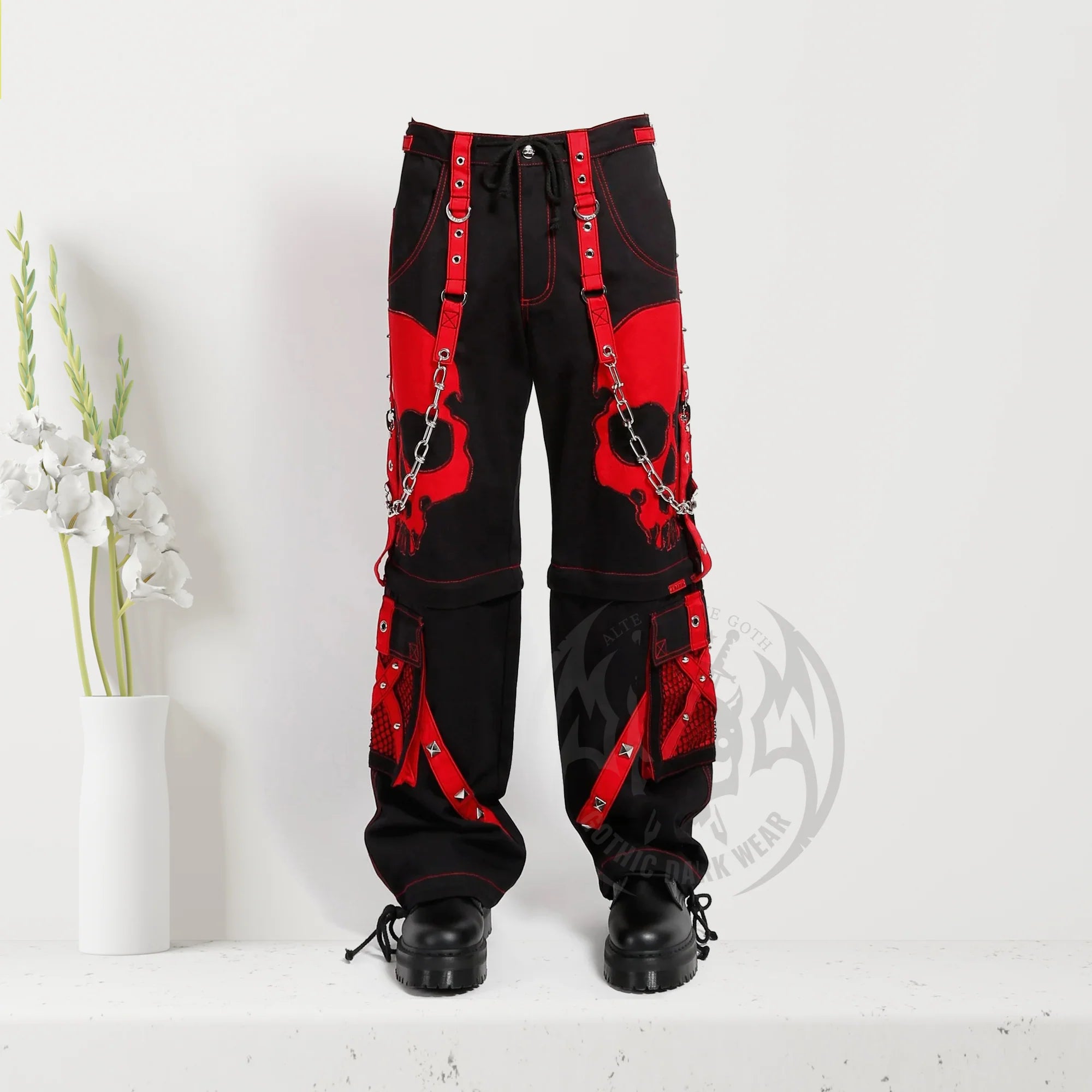 Men Gothic Red Skull Trousers | Dark Street Punk Pants with Skull Embroidery and Baggy Fit