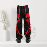 Men Gothic Red Skull Trousers | Dark Street Punk Pants with Skull Embroidery and Baggy Fit