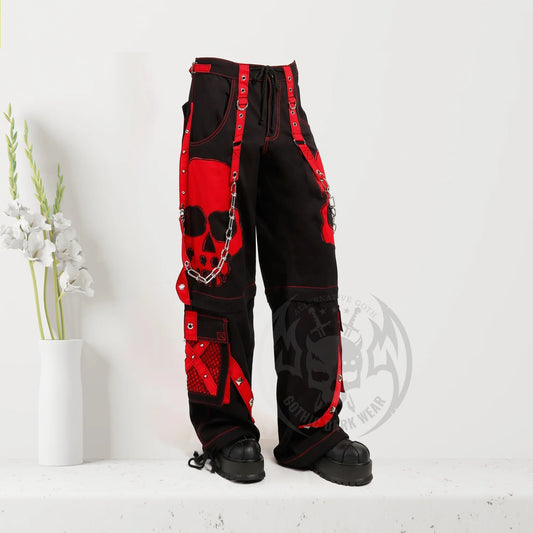 Men Gothic Red Skull Trousers | Dark Street Punk Pants with Skull Embroidery and Baggy Fit