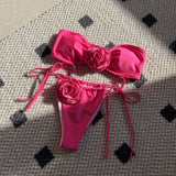 New Solid Color Rose Tube Top Drawstring Strap Split Swimsuit