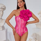 Women's Printed Three-dimensional Large Flower One-shoulder Swimsuit