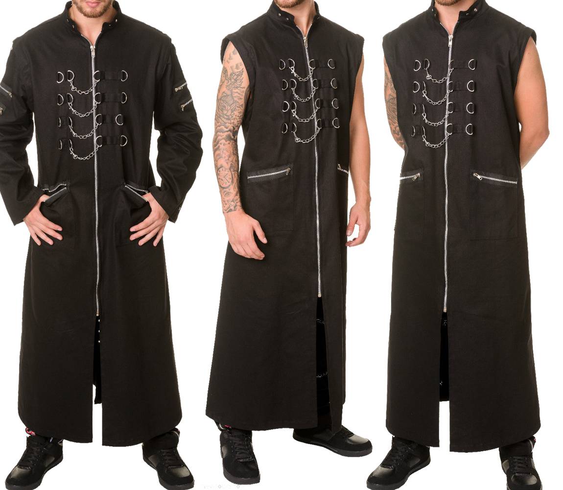 Men Gothic Hellraiser Pinhead Long Coat | Punk Chains & D-Rings Full-Length Trench Coat