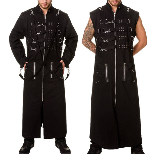 Men Gothic Black Trench Coat with Harness Straps | 4-in-1 Transformable Punk Statement Piece