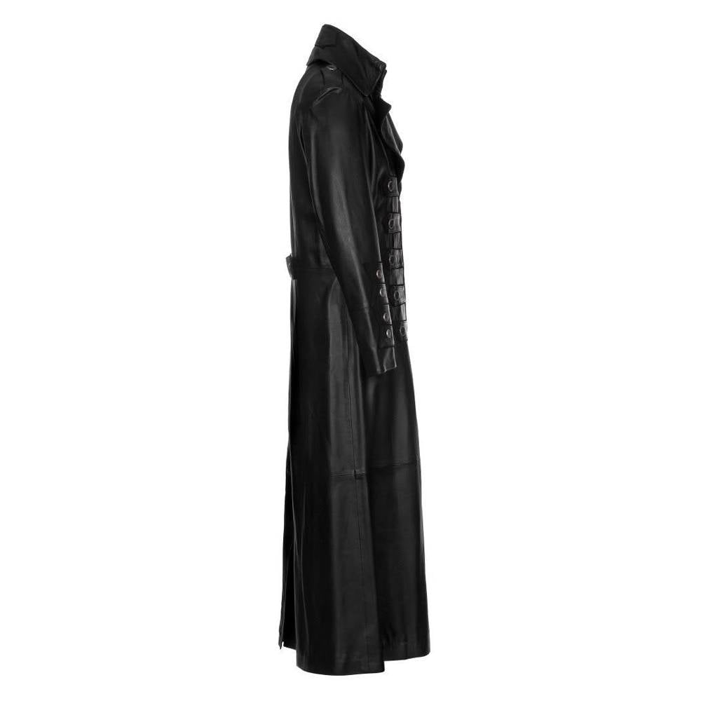 Men Military Steampunk Leather Trench Coat | Long Gothic Outerwear with Vintage Brass Detailing