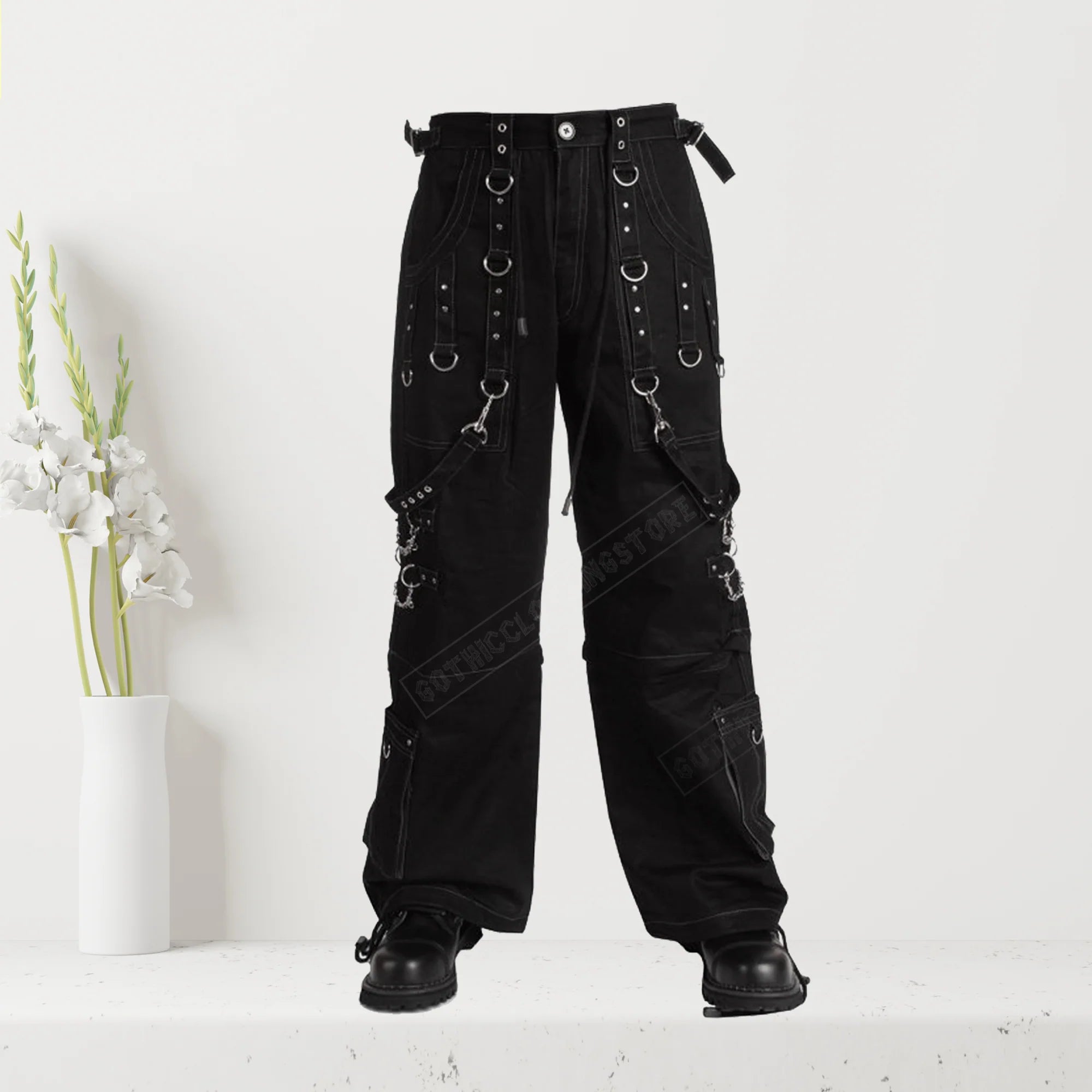 Men Black Elite Gothic Pants | Baggy Gothic Trouser with Detachable Strap and Grey Stitching