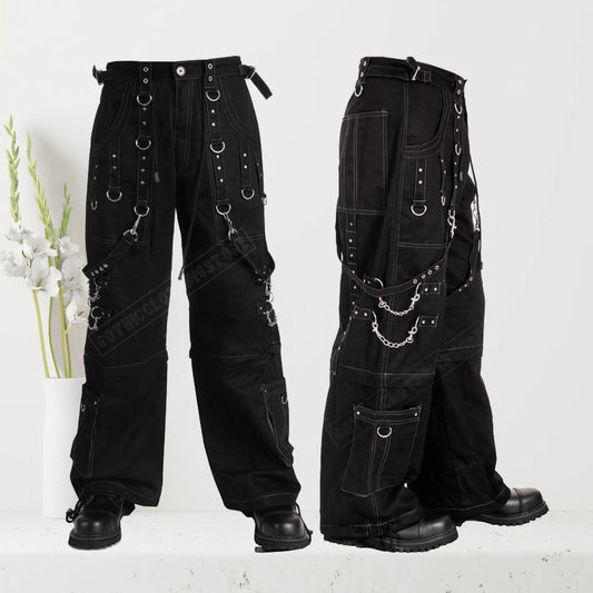 Men Black Elite Gothic Pants | Baggy Gothic Trouser with Detachable Strap and Grey Stitching