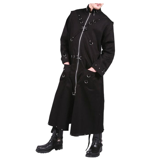 Men D-Ring Full-Length Trench | Black Cotton Gothic Overcoat with Industrial Hardware