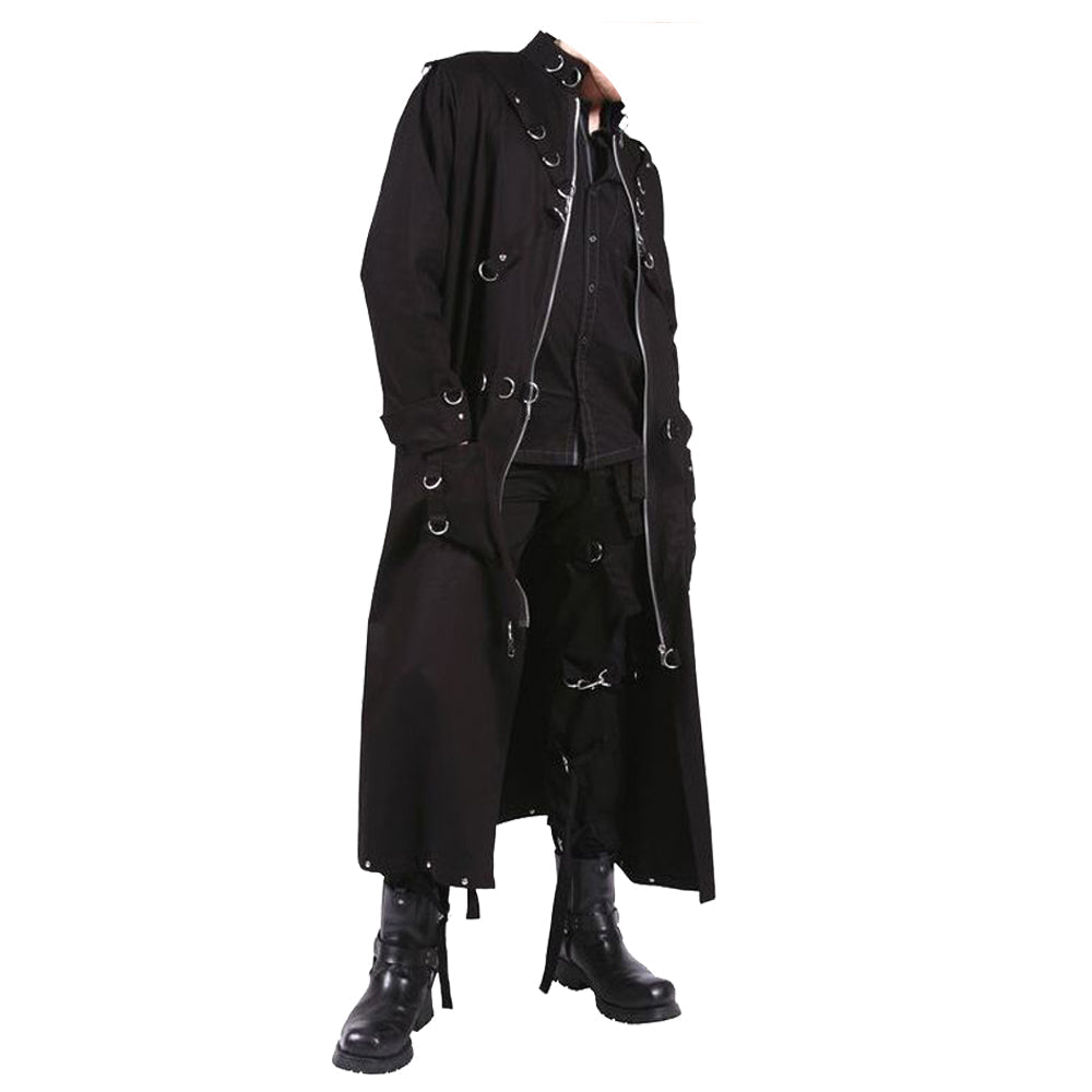 Men D-Ring Full-Length Trench | Black Cotton Gothic Overcoat with Industrial Hardware