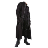 Men D-Ring Full-Length Trench | Black Cotton Gothic Overcoat with Industrial Hardware
