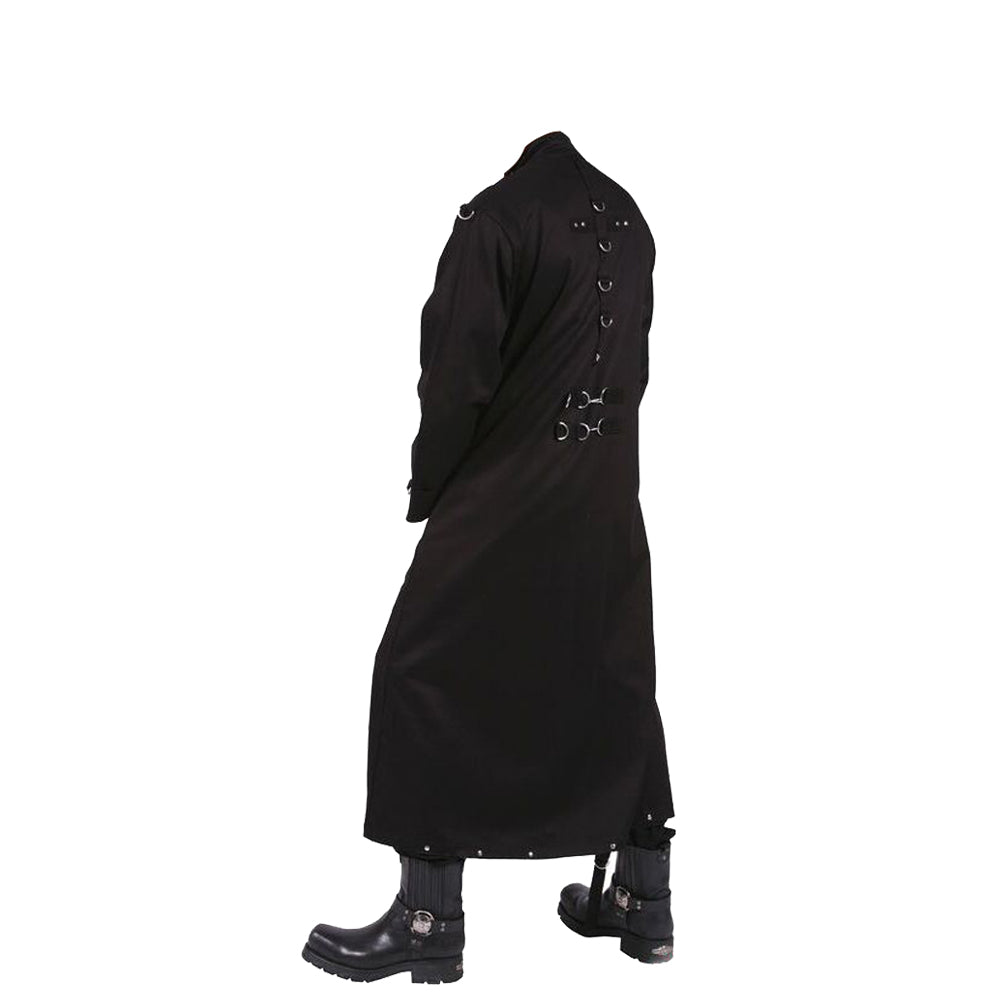 Men D-Ring Full-Length Trench | Black Cotton Gothic Overcoat with Industrial Hardware