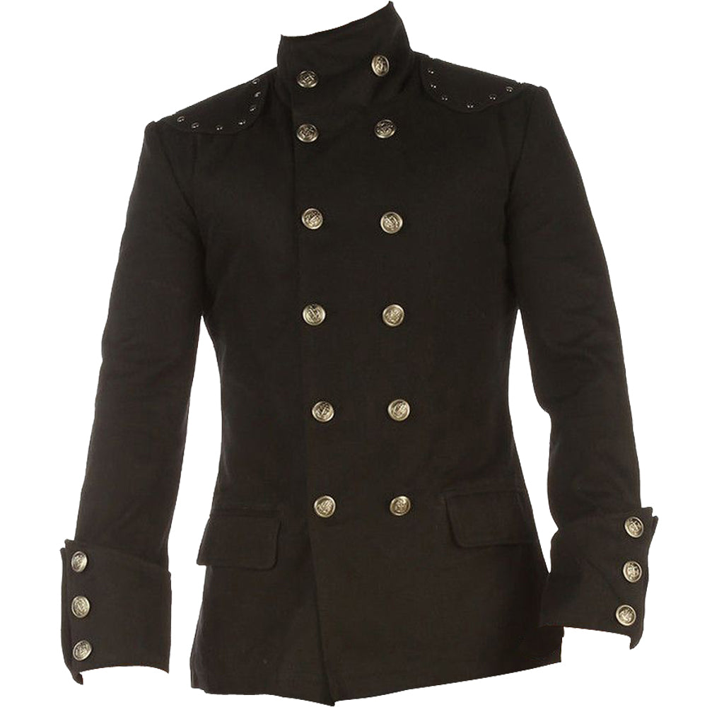 Men Gothic Military Trench Coat | Black Cotton Twill Long Coat with Metal Buttons