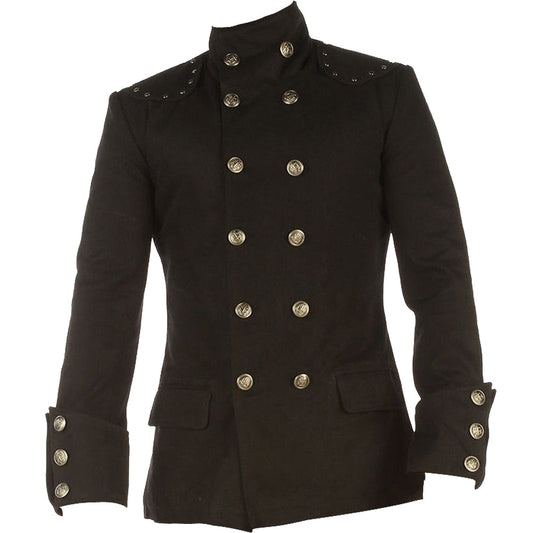 Men Gothic Military Trench Coat | Black Cotton Twill Long Coat with Metal Buttons