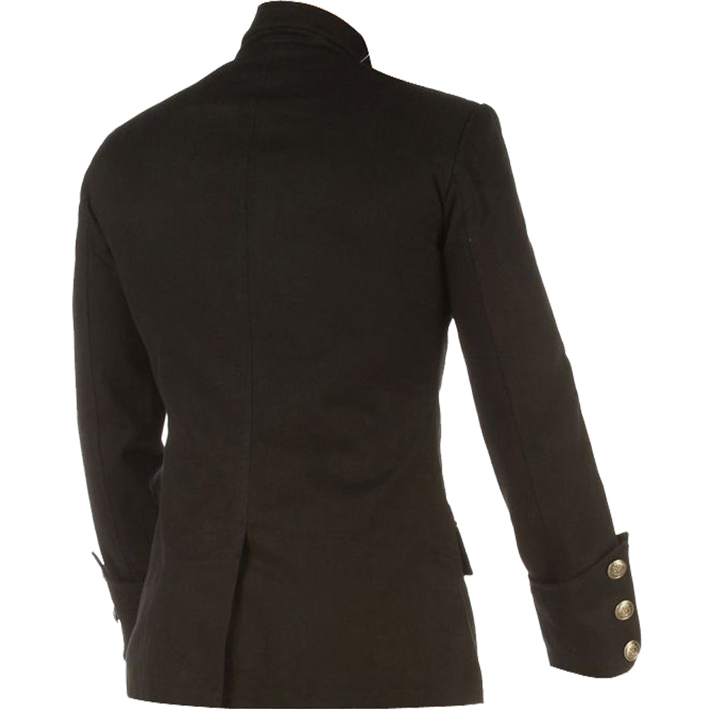 Men Gothic Military Trench Coat | Black Cotton Twill Long Coat with Metal Buttons