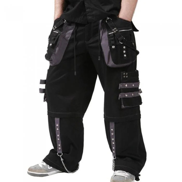 Men Black and Grey Gothic Trousers | Cotton Pant with Stud and Metal Accent