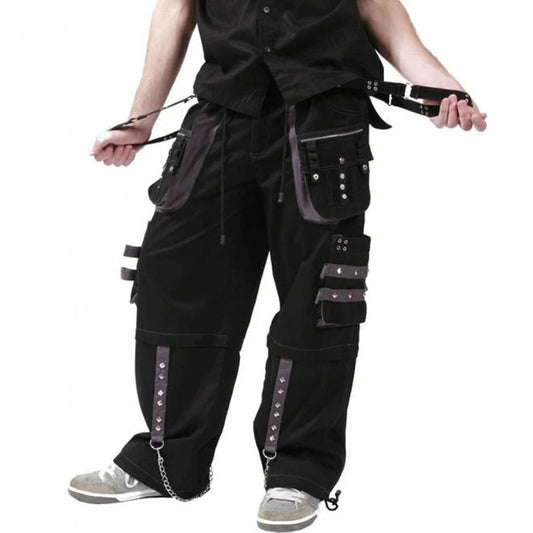 Men Black and Grey Gothic Trousers | Cotton Pant with Stud and Metal Accent
