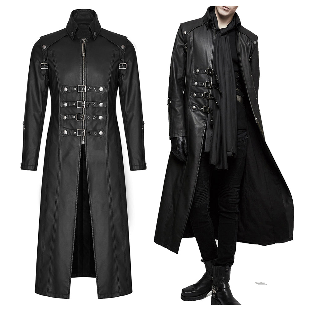 Men Gothic Coat Long Black Gothic Imitation Leather Coat Steampunk Badboy Men Long Coat - Alternative Gothic Dark Wear | Embrace Dark Aesthetic Men & Women Gothic Clothing