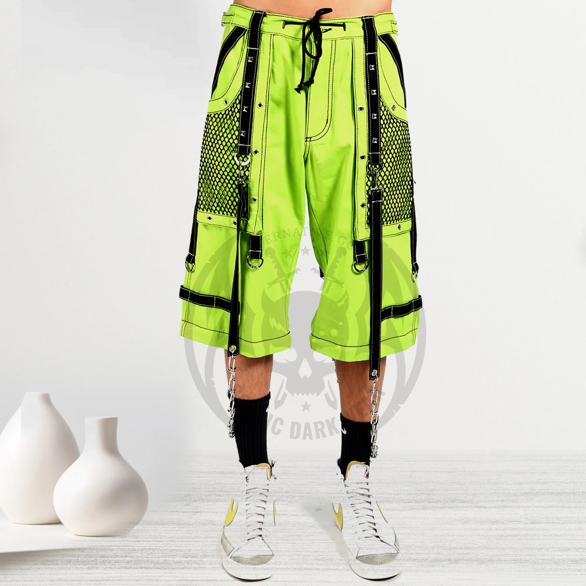Men Neon Green Cyber Industrial Trousers | Rave Techwear Pants with Black Strap and Mesh Panel