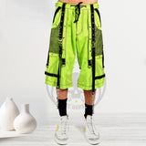 Men Neon Green Cyber Industrial Trousers | Rave Techwear Pants with Black Strap and Mesh Panel