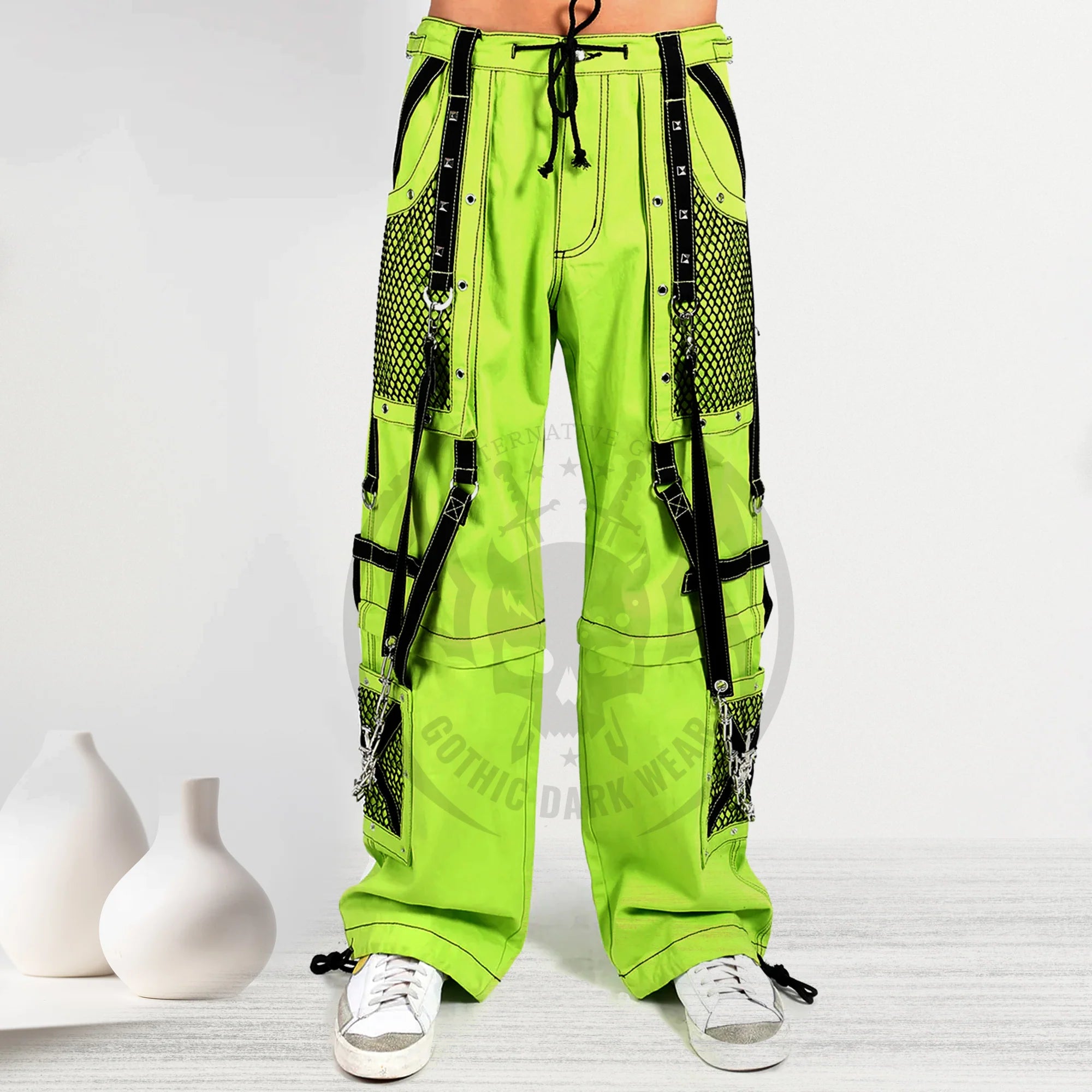Men Neon Green Cyber Industrial Trousers | Rave Techwear Pants with Black Strap and Mesh Panel