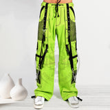 Men Neon Green Cyber Industrial Trousers | Rave Techwear Pants with Black Strap and Mesh Panel