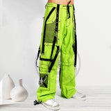 Men Neon Green Cyber Industrial Trousers | Rave Techwear Pants with Black Strap and Mesh Panel