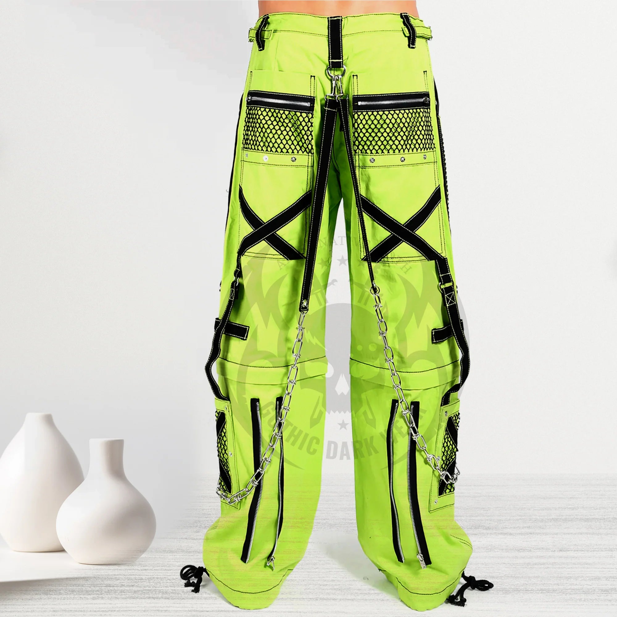 Men Neon Green Cyber Industrial Trousers | Rave Techwear Pants with Black Strap and Mesh Panel
