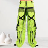 Men Neon Green Cyber Industrial Trousers | Rave Techwear Pants with Black Strap and Mesh Panel