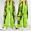 Men Neon Green Cyber Industrial Trousers | Rave Techwear Pants with Black Strap and Mesh Panel