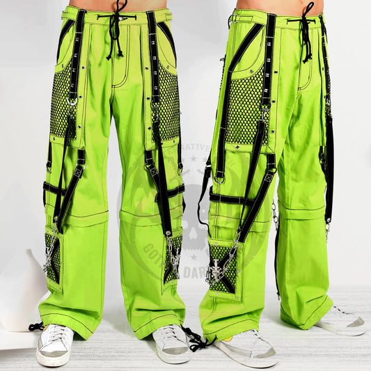 Men Neon Green Cyber Industrial Trousers | Rave Techwear Pants with Black Strap and Mesh Panel