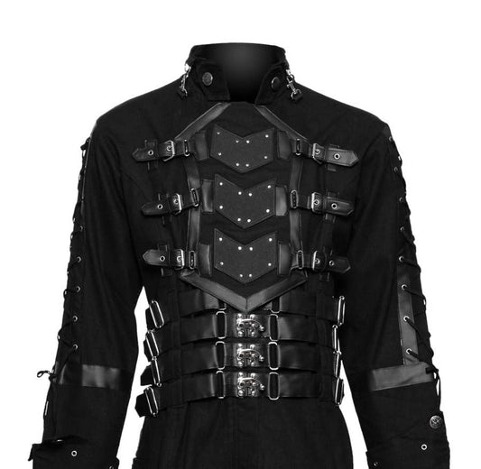 Men Hellraiser Pinhead Long Trench | Vampire Gothic Coat with Buckle Straps & High Collar