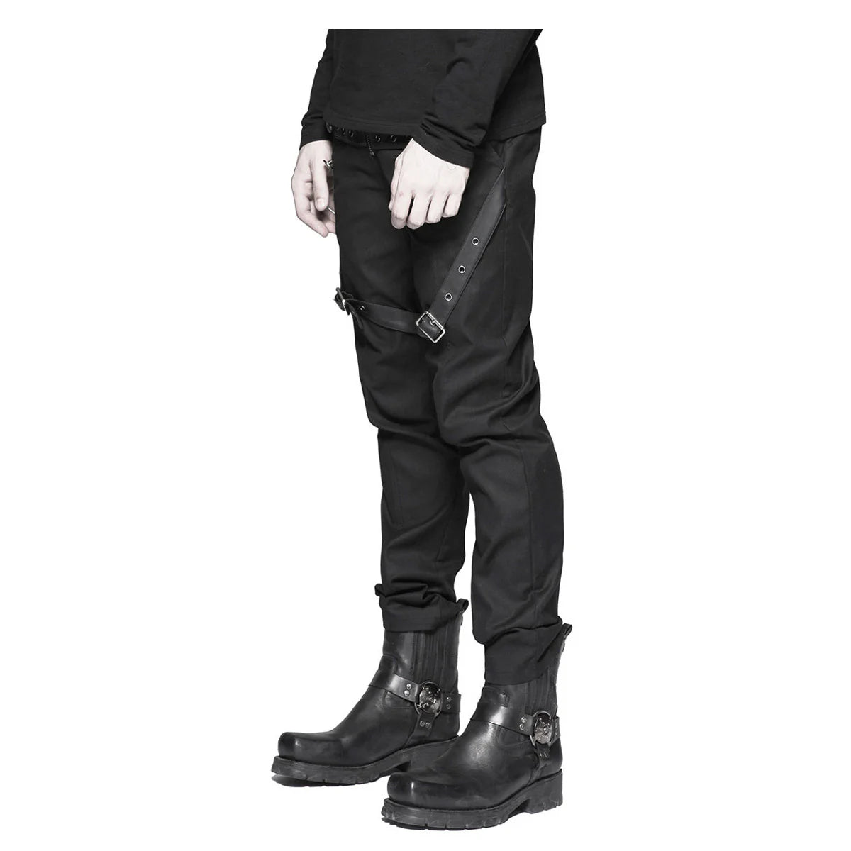 Men Black Diesel Punk Gothic Pants | Military Style Trouser with Faux Leather Strap