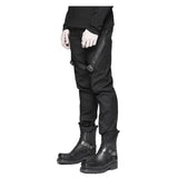 Men Black Diesel Punk Gothic Pants | Military Style Trouser with Faux Leather Strap