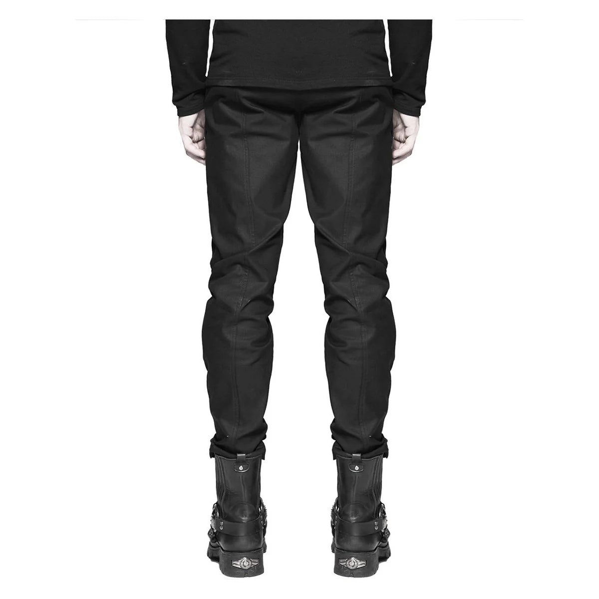 Men Black Diesel Punk Gothic Pants | Military Style Trouser with Faux Leather Strap