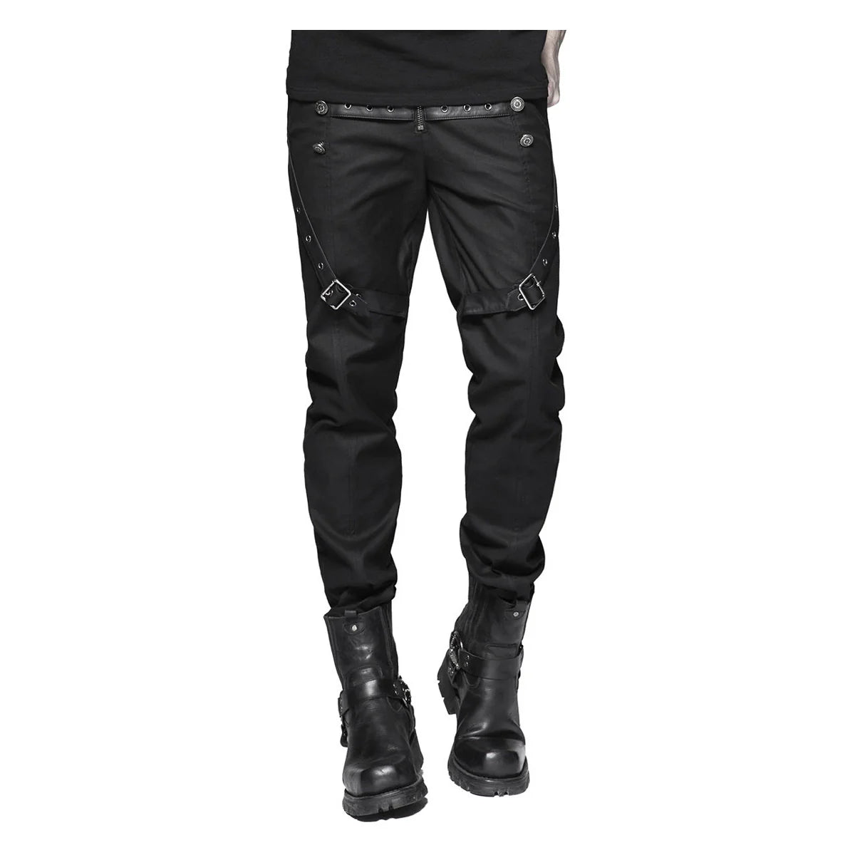 Men Black Diesel Punk Gothic Pants | Military Style Trouser with Faux Leather Strap