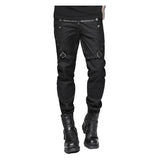 Men Black Diesel Punk Gothic Pants | Military Style Trouser with Faux Leather Strap
