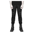 Men Black Diesel Punk Gothic Pants | Military Style Trouser with Faux Leather Strap