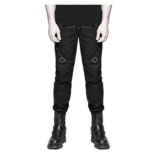 Men Black Diesel Punk Gothic Pants | Military Style Trouser with Faux Leather Strap