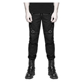 Men Black Diesel Punk Gothic Pants | Military Style Trouser with Faux Leather Strap