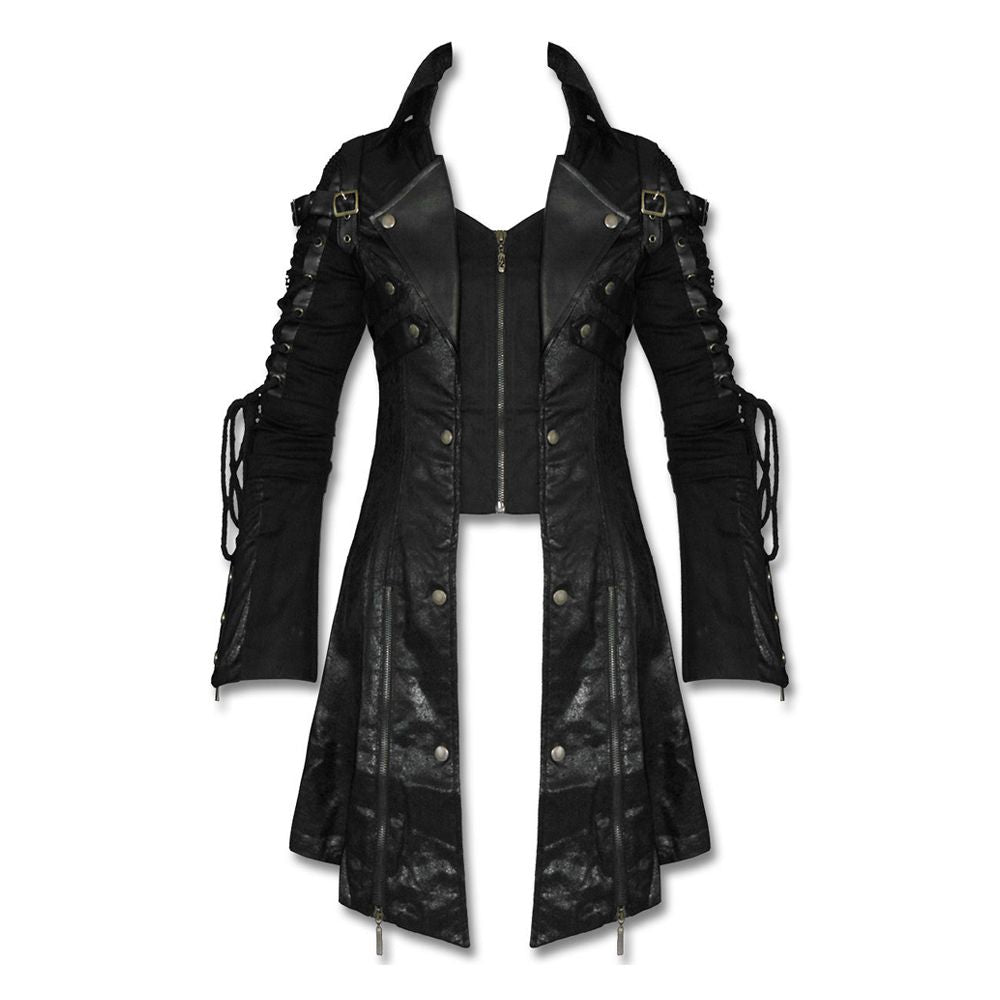Men Poison Commander Steampunk Coat | Gothic Military Long Jacket with Lace Details