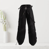 Men Black Elite Gothic Pants | Baggy Gothic Trouser with Detachable Strap and Grey Stitching