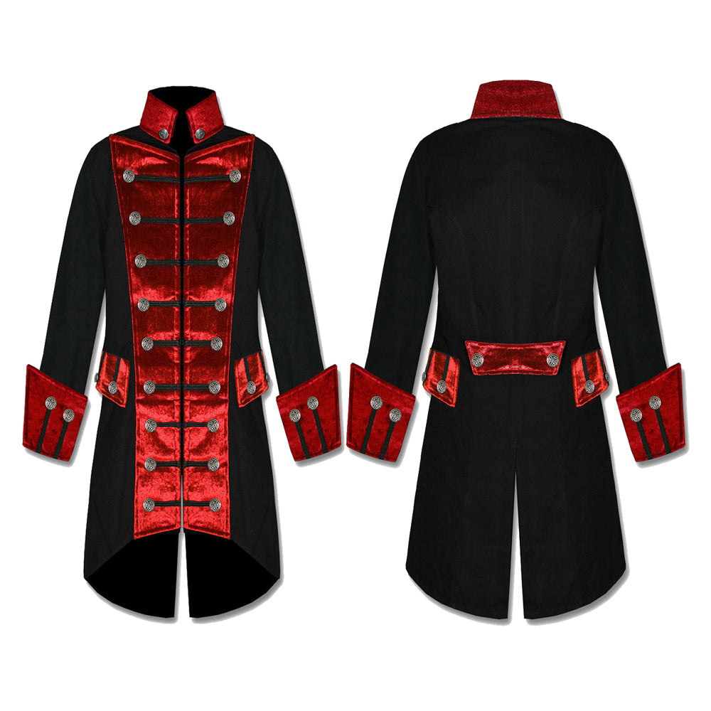 Men Steampunk Pirate Velvet Frock Coat | Gothic Vampire Jacket in Black or Red