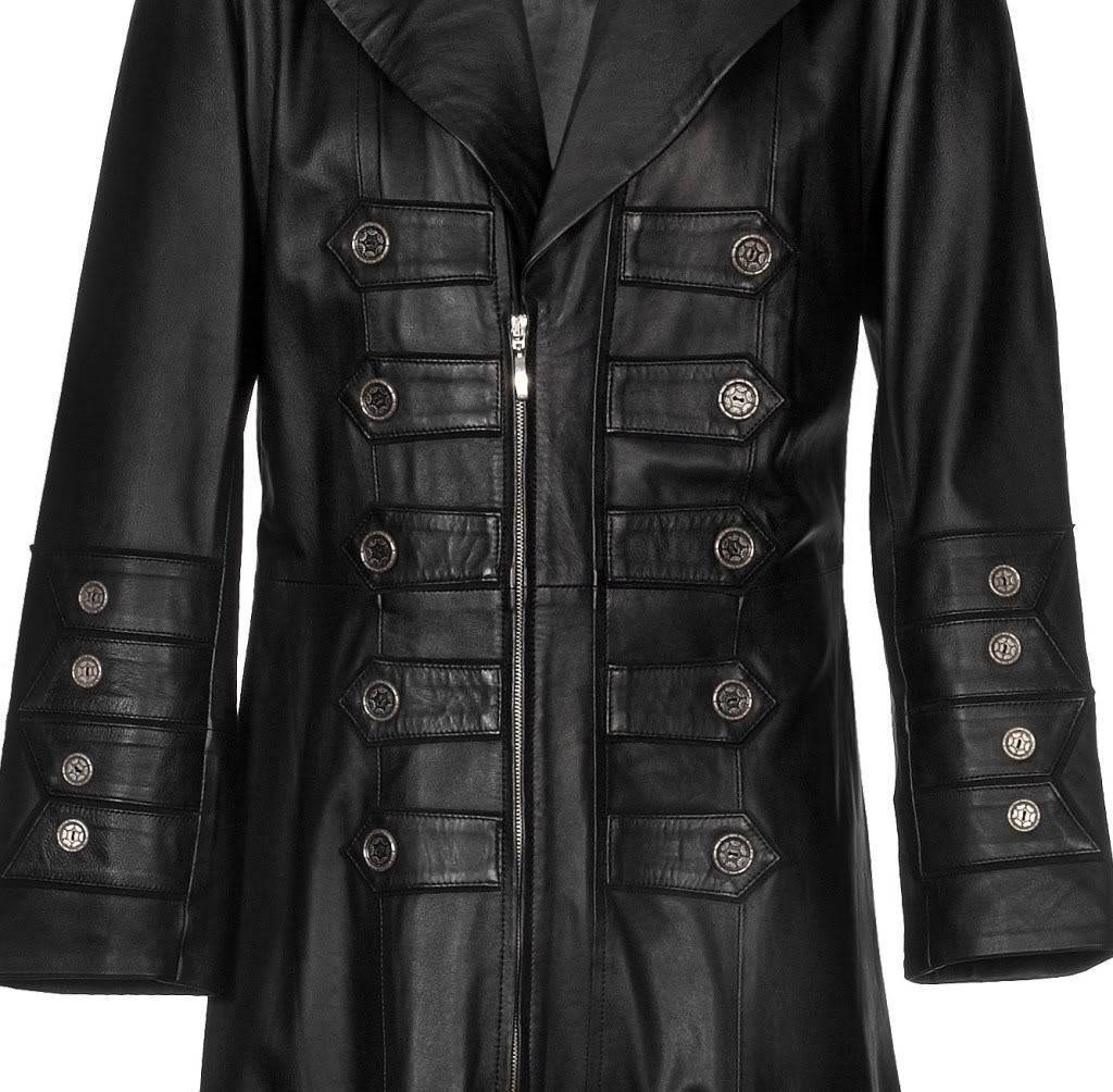 Men Military Steampunk Leather Trench Coat | Long Gothic Outerwear with Vintage Brass Detailing